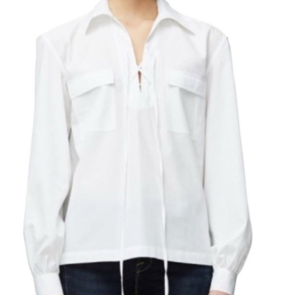 FRAME white long-sleeved collared shirt with a lace-up placket and chest pockets